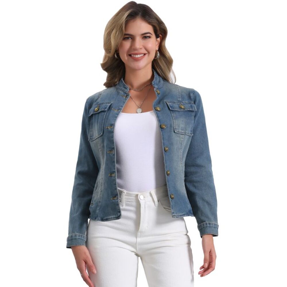 Casual Denim Jacket Classic Stand Collar Long Sleeve Jean Jacket Vintage Blue